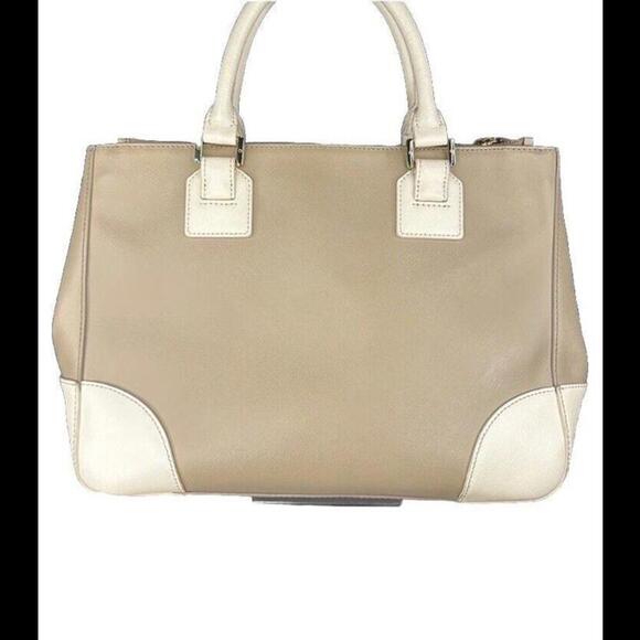 Tory Burch Robinson Tote Saffiano Leather Two Tone Beige Ivory Purse Crossbody - Picture 5 of 16